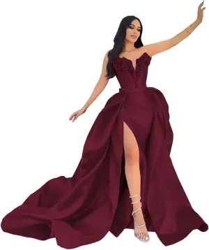 Strapless Satin Prom Dresses with Detachable Train Slit Formal Evening Party Gowns for Women
