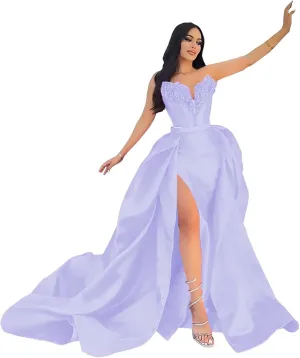 Strapless Satin Prom Dresses with Detachable Train Slit Formal Evening Party Gowns for Women