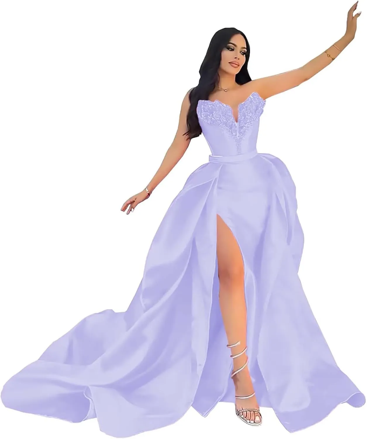 Strapless Satin Prom Dresses with Detachable Train Slit Formal Evening Party Gowns for Women