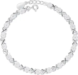 SUKKCCNO 925 Sterling Silver XO-Link Bracelet Hugs and Kisses Beaded Expandable Bangle Classic Bling Cubic Zirconia Tennis Bracelet Bangles for Women 6 to 7 in