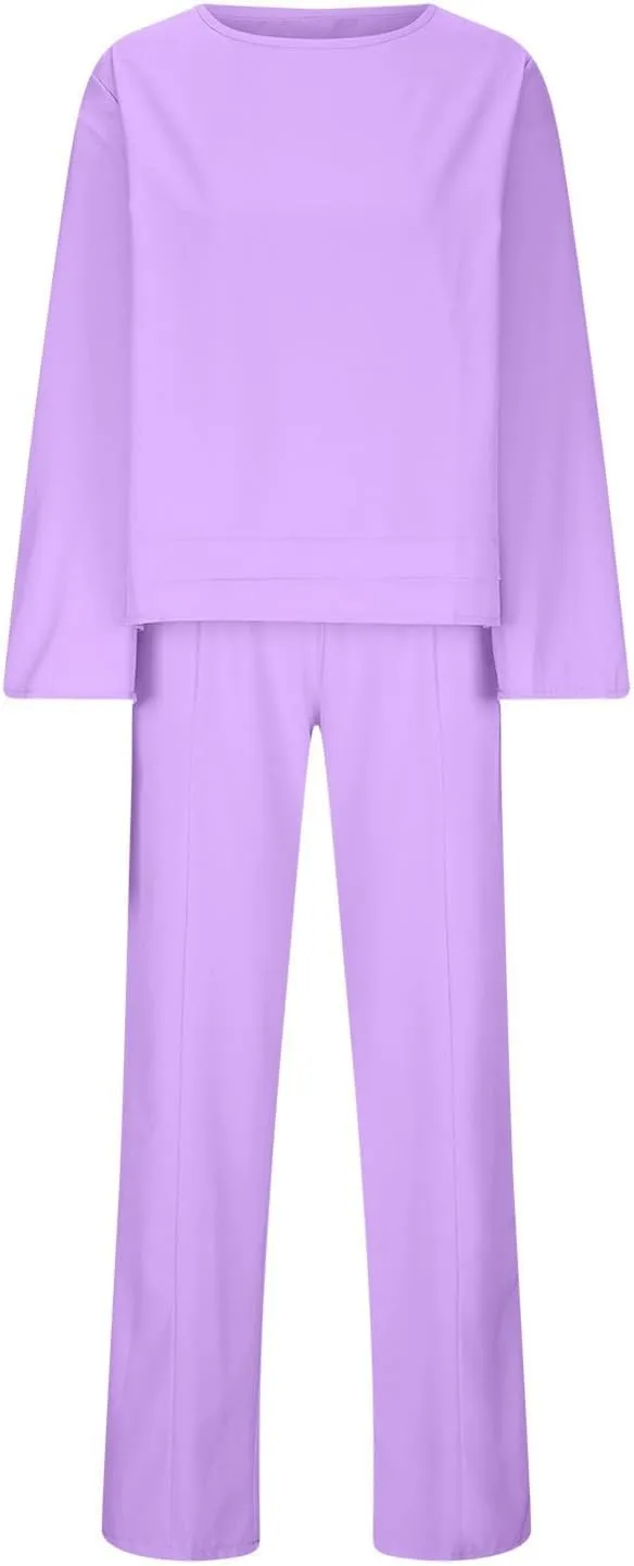 Summer 2 Piece Pants Suit for Women Beach Vacation Clothes Cotton Linen Long Sleeve Shirts Wide Leg Trousers