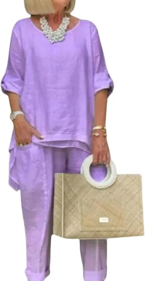 Summer 2 Piece Pants Suit for Women Beach Vacation Clothes Cotton Linen Long Sleeve Shirts Wide Leg Trousers