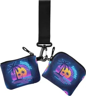 Summer Neon Coconut Tree Sunset Women's Dual Wallets Business Card Cases Small Detachable Zipper Wristlet Wallet with Zipper Pocket for Lady 2 Pcs