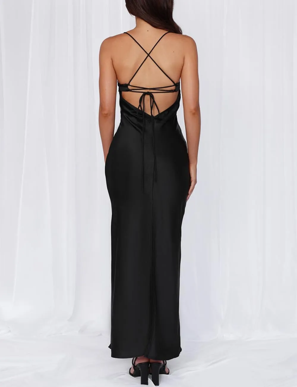 Summer Sexy Satin Spaghetti Strap Maxi Dress for Women Backless Sleeveless Slit Tie Back Cocktail Dresses Wedding Guest