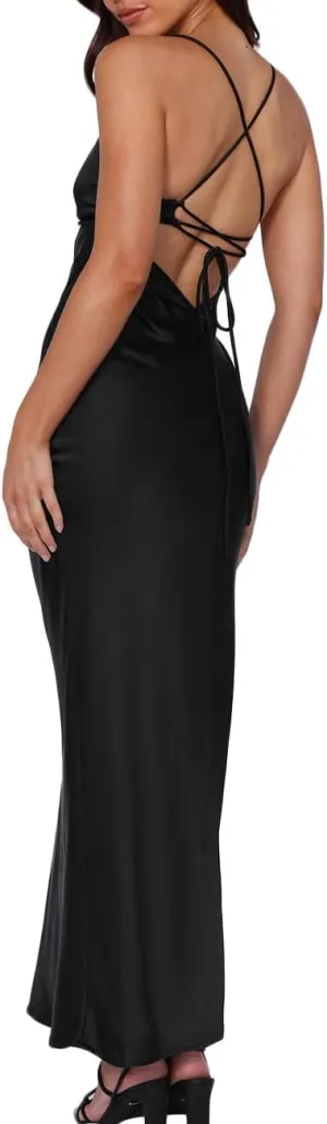 Summer Sexy Satin Spaghetti Strap Maxi Dress for Women Backless Sleeveless Slit Tie Back Cocktail Dresses Wedding Guest