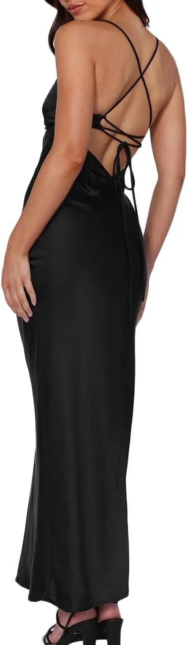 Summer Sexy Satin Spaghetti Strap Maxi Dress for Women Backless Sleeveless Slit Tie Back Cocktail Dresses Wedding Guest