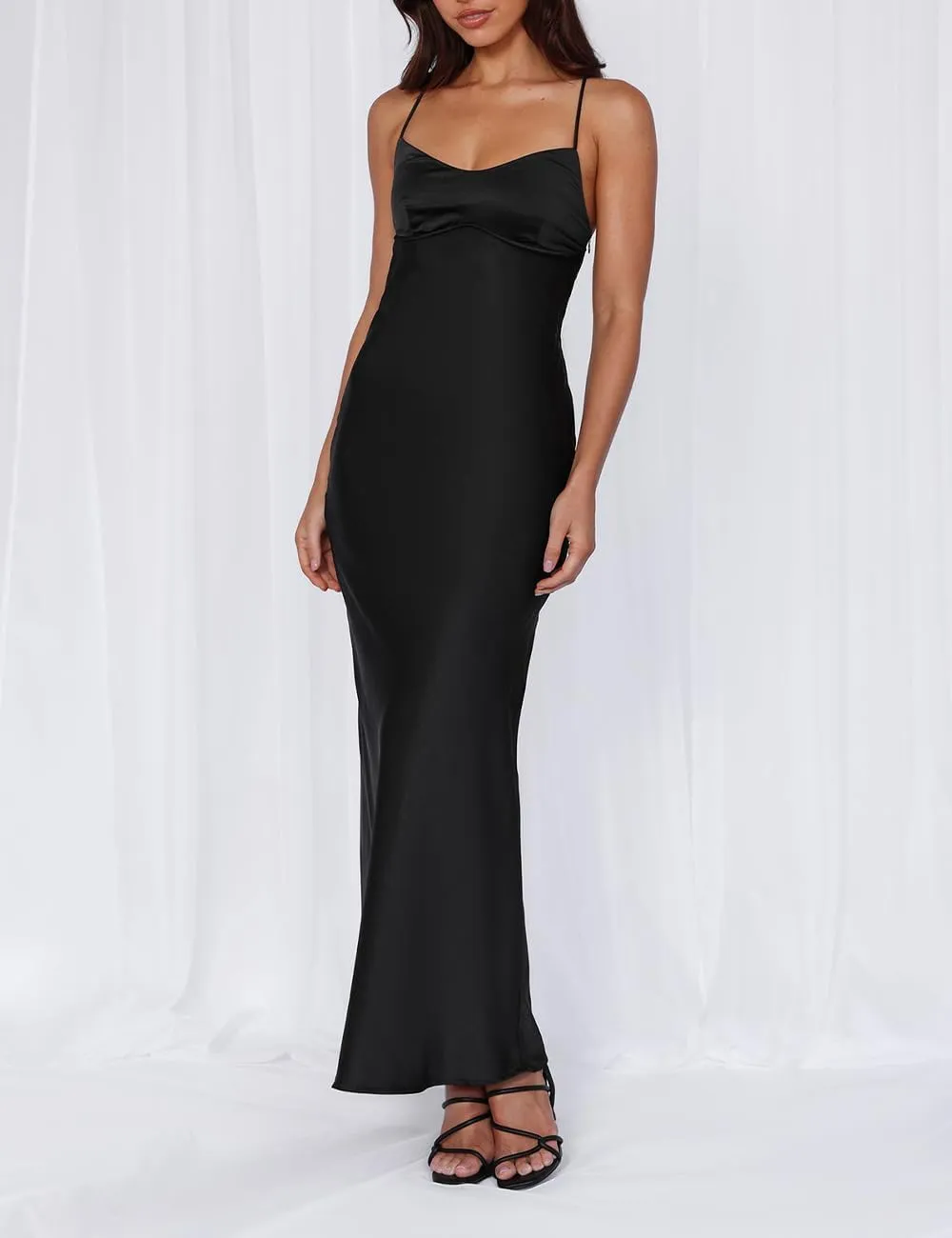 Summer Sexy Satin Spaghetti Strap Maxi Dress for Women Backless Sleeveless Slit Tie Back Cocktail Dresses Wedding Guest