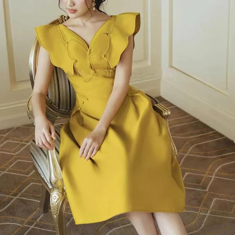 Summer Yellow Butterfly V neck Dress Long Dress  1336