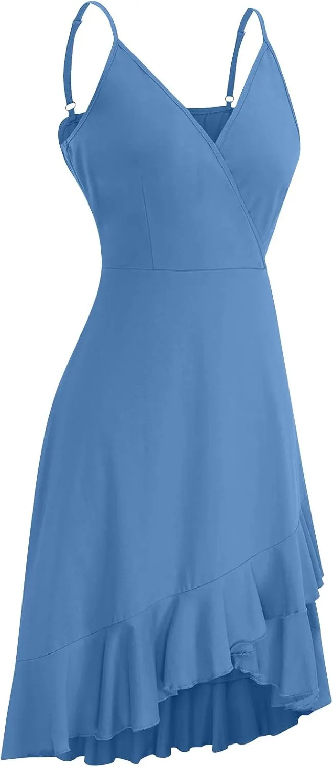 Sundresses for Women,2024 Summer Elegant Sexy Wrap V Neck Sling Party Dress,Trendy Flowy Ruched Ruffle Hem Beach Dress