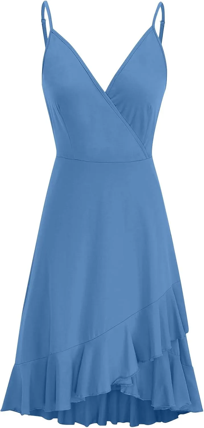 Sundresses for Women,2024 Summer Elegant Sexy Wrap V Neck Sling Party Dress,Trendy Flowy Ruched Ruffle Hem Beach Dress