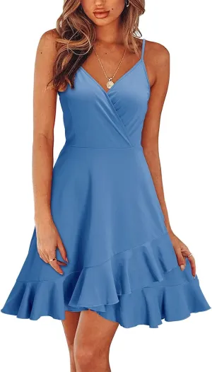 Sundresses for Women,2024 Summer Elegant Sexy Wrap V Neck Sling Party Dress,Trendy Flowy Ruched Ruffle Hem Beach Dress