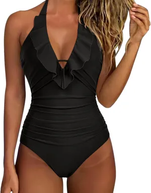 SUUKSESS Women Sexy Halter One Piece Swimsuits Ruffle Tummy Control Bathing Suit