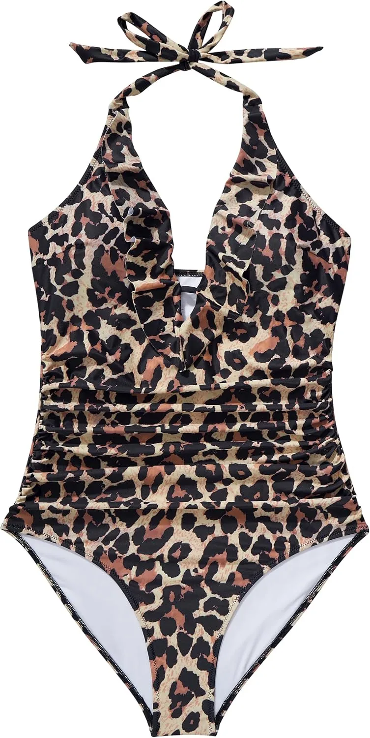 SUUKSESS Women Sexy Halter One Piece Swimsuits Ruffle Tummy Control Bathing Suit