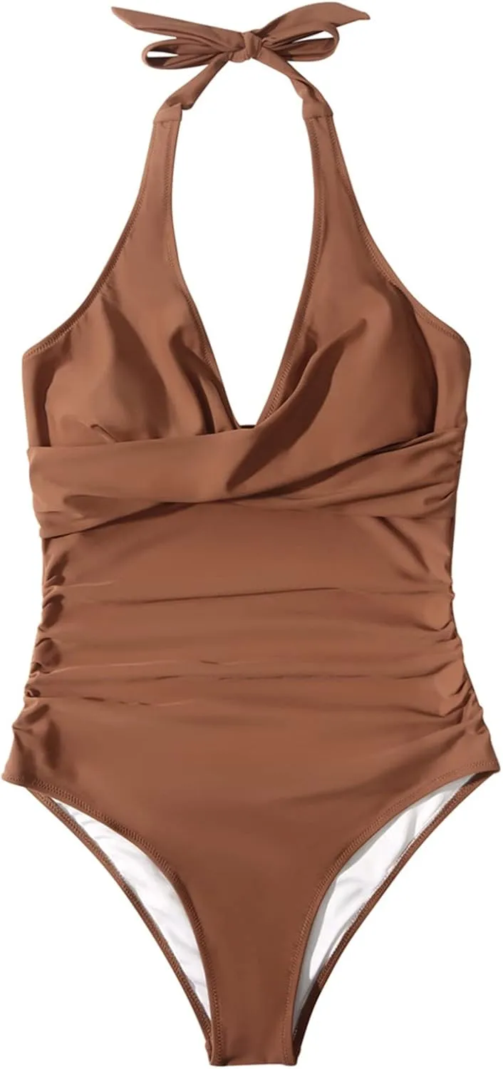 SUUKSESS Women Sexy Tummy Control One Piece Swimsuits Halter Push Up Bathing Suits