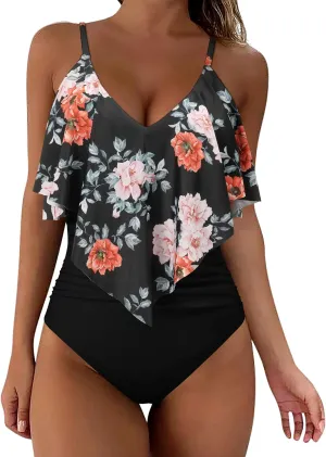 SUUKSESS Women Slimming Ruffle One Piece Swimsuits Ruched Tummy Control Bathing Suits