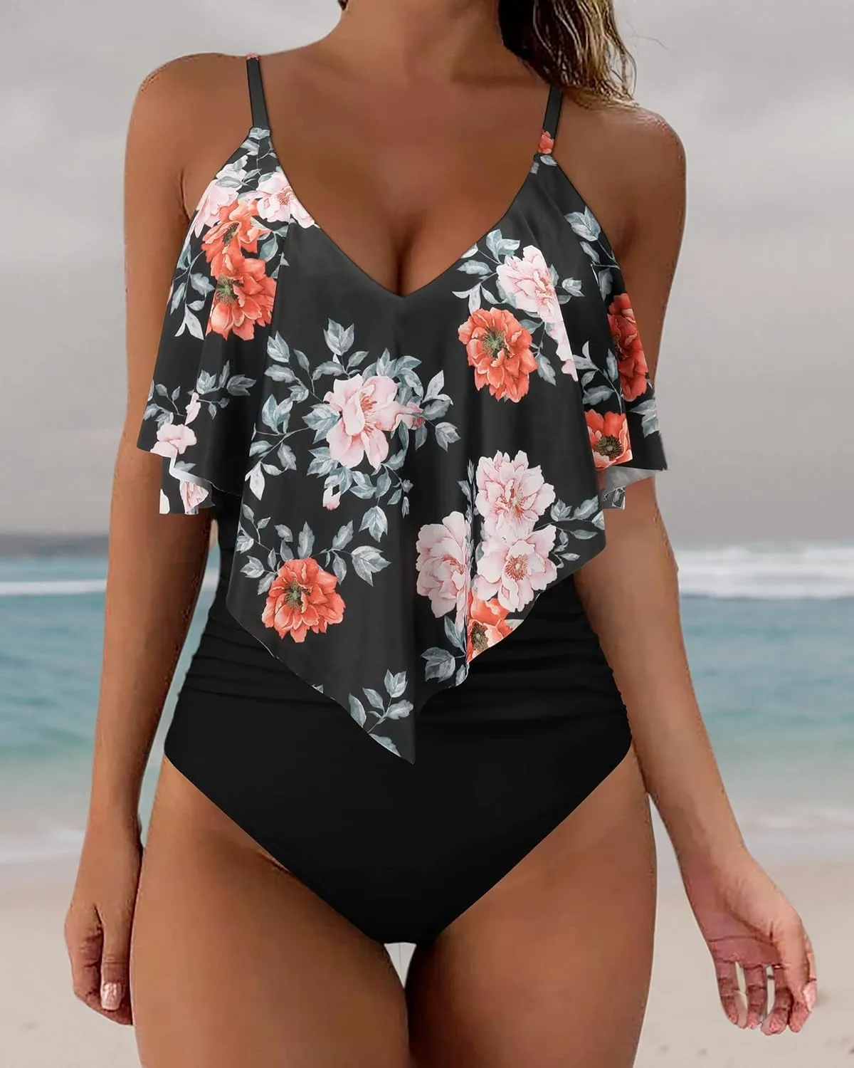 SUUKSESS Women Slimming Ruffle One Piece Swimsuits Ruched Tummy Control Bathing Suits
