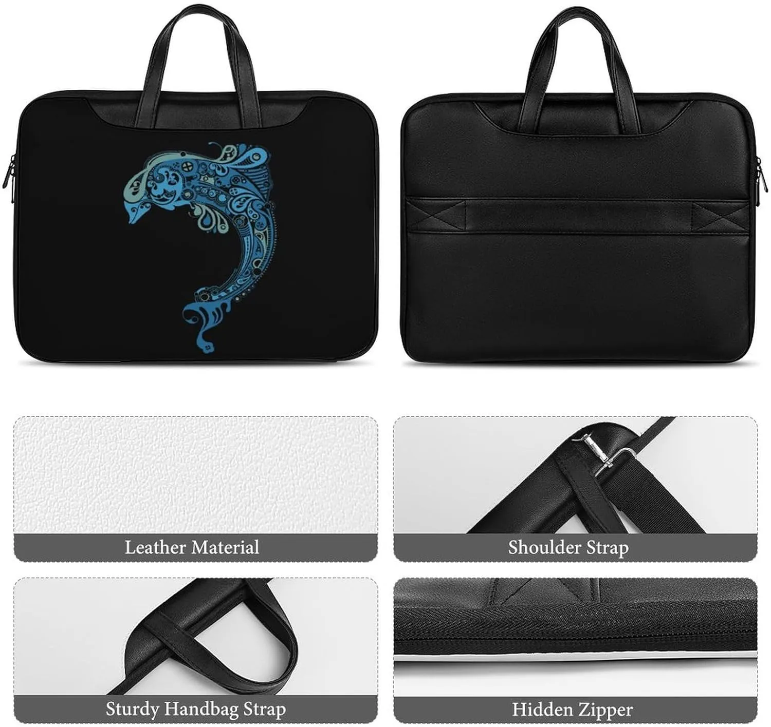 Tattoo Dolphin Totem Leather Bag Laptop Case Slim Water Resistant Computer Bags with Handle Briefcase for Work