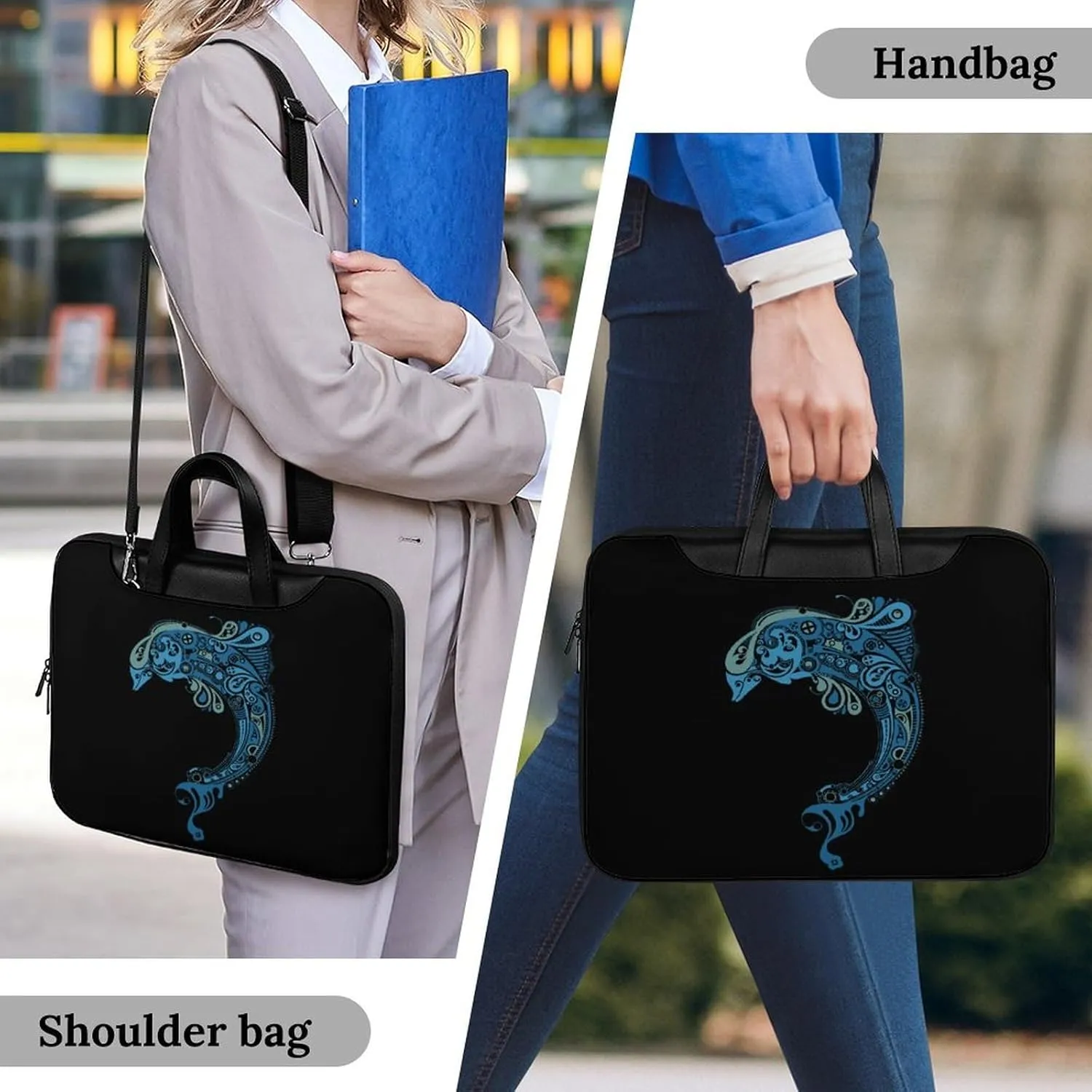 Tattoo Dolphin Totem Leather Bag Laptop Case Slim Water Resistant Computer Bags with Handle Briefcase for Work