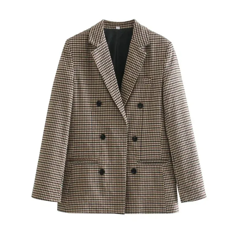 TAVIMART  -  British Style Retro Plaid Blazer Suit  Women Simple Mid Length Double Breasted Casual Office Blazers Lady Work Commute Suit