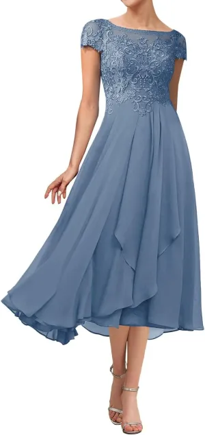 Tea Length Mother of The Bride Dresses for Wedding Lace Wedding Guest Dresses for Women Applique Ruffles Cap Sleeve