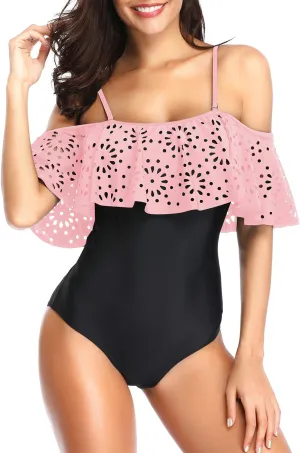 Tempt Me Women One Piece Off Shoulder Lace Swimsuits Ruffle Flounce Hollow Bathing Suits