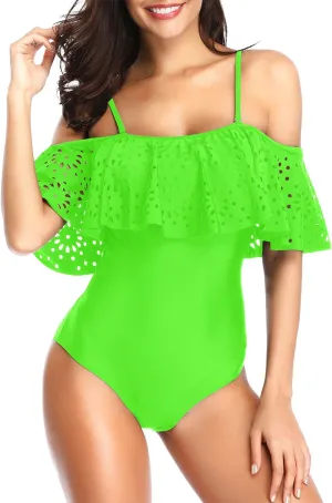 Tempt Me Women One Piece Off Shoulder Lace Swimsuits Ruffle Flounce Hollow Bathing Suits