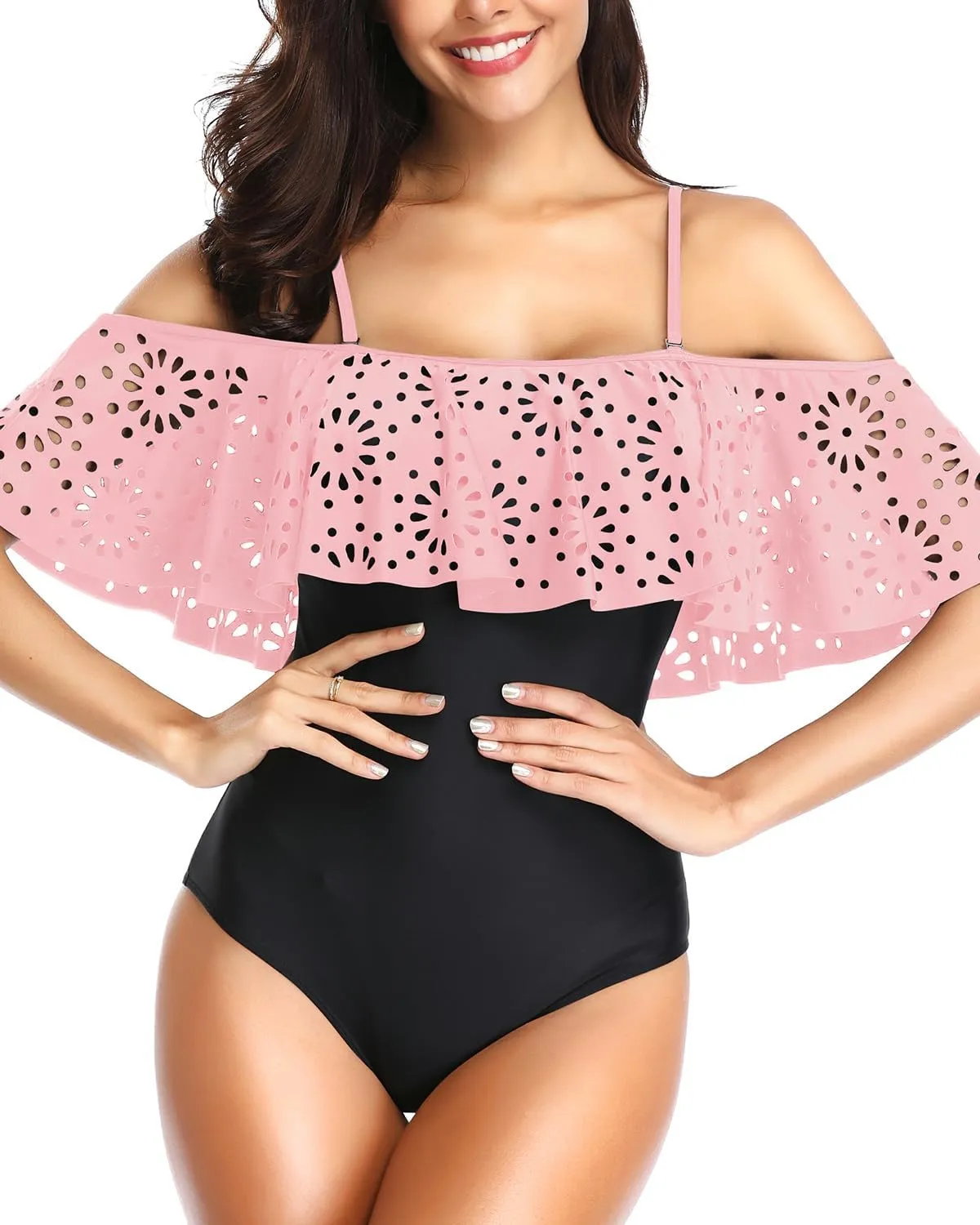 Tempt Me Women One Piece Off Shoulder Lace Swimsuits Ruffle Flounce Hollow Bathing Suits