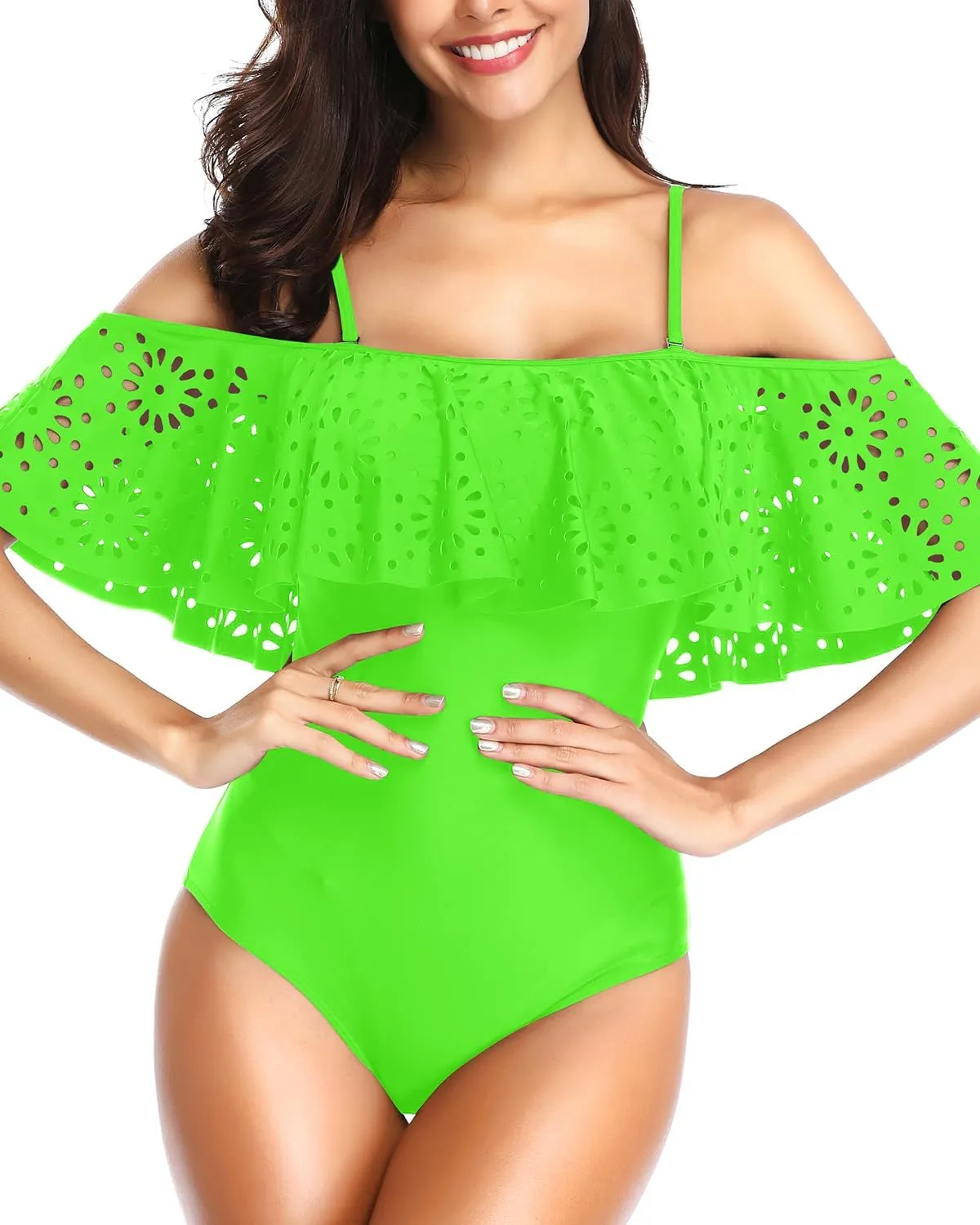 Tempt Me Women One Piece Off Shoulder Lace Swimsuits Ruffle Flounce Hollow Bathing Suits