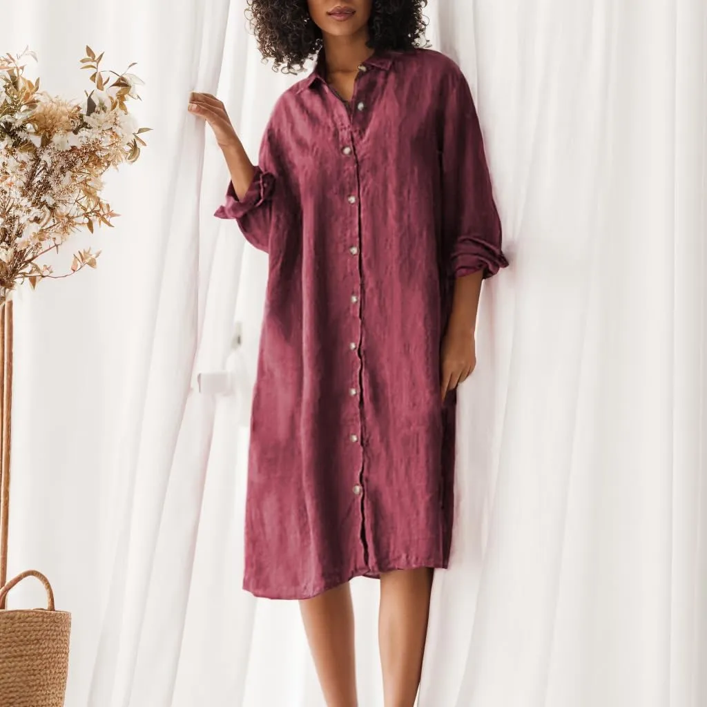 TIAFORD Women Casual Cotton Linen Shirt Dress Long Sleeve Button Down V Neck Beach Flowy Loose Shift Midi Dress