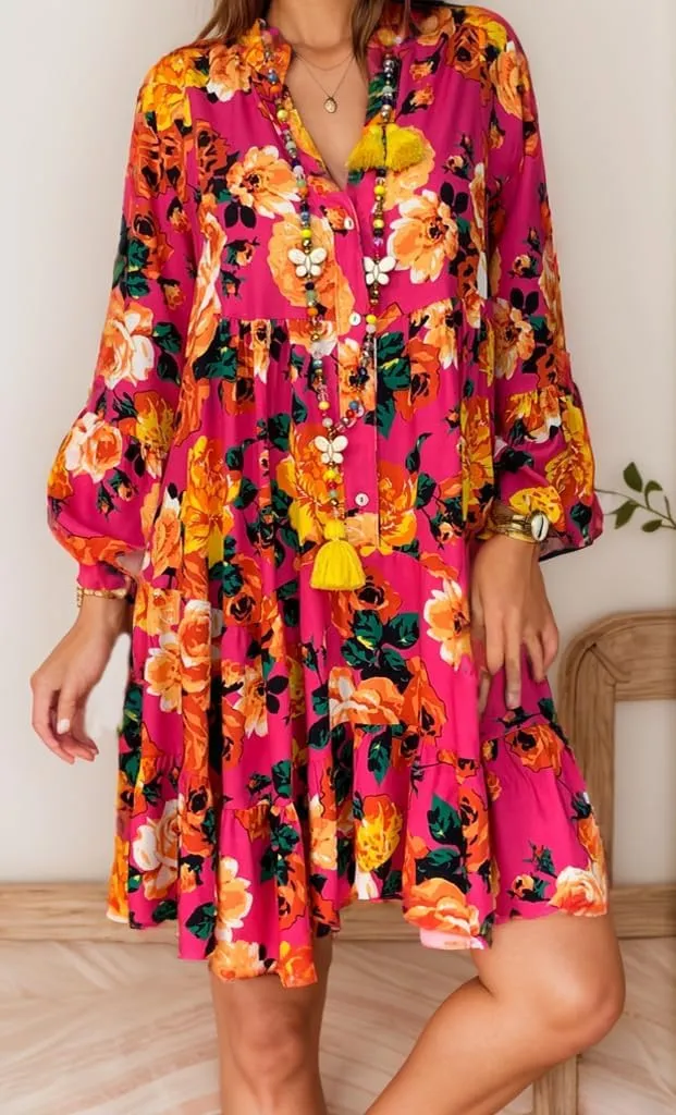 TIAFORD Women V Neck Floral Print Dress Casual Long Sleeve Tiered Boho Flowy Shift Midi Dress Summer Loose Beach Tshirt Dress