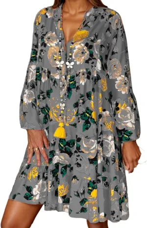 TIAFORD Women V Neck Floral Print Dress Casual Long Sleeve Tiered Boho Flowy Shift Midi Dress Summer Loose Beach Tshirt Dress