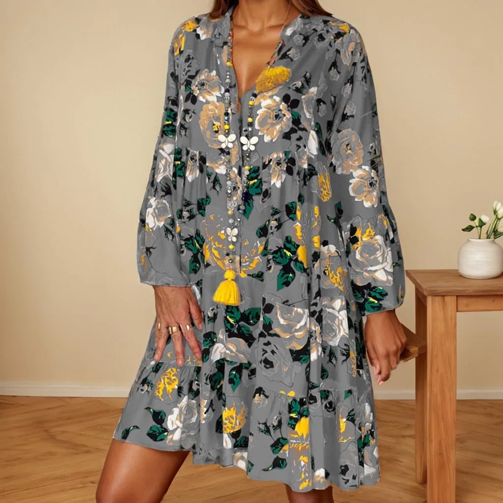 TIAFORD Women V Neck Floral Print Dress Casual Long Sleeve Tiered Boho Flowy Shift Midi Dress Summer Loose Beach Tshirt Dress