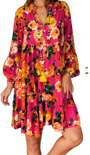 TIAFORD Women V Neck Floral Print Dress Casual Long Sleeve Tiered Boho Flowy Shift Midi Dress Summer Loose Beach Tshirt Dress