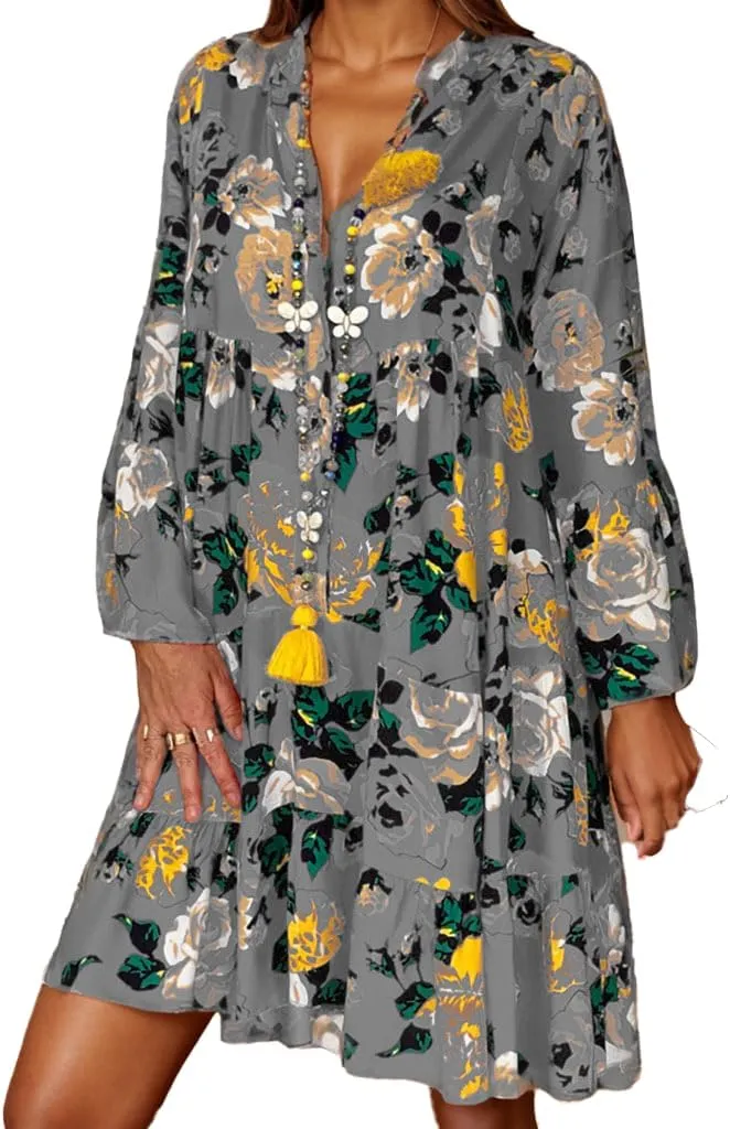 TIAFORD Women V Neck Floral Print Dress Casual Long Sleeve Tiered Boho Flowy Shift Midi Dress Summer Loose Beach Tshirt Dress