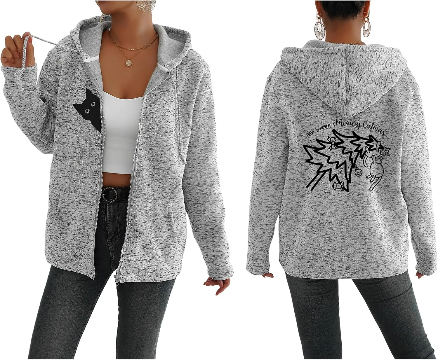TIAFORD Women's Cat Graphic Zip Up Hoodies Oversized Hooded Sweatshirts Fleece Lined Jackets Cute Outfits with Pockets
