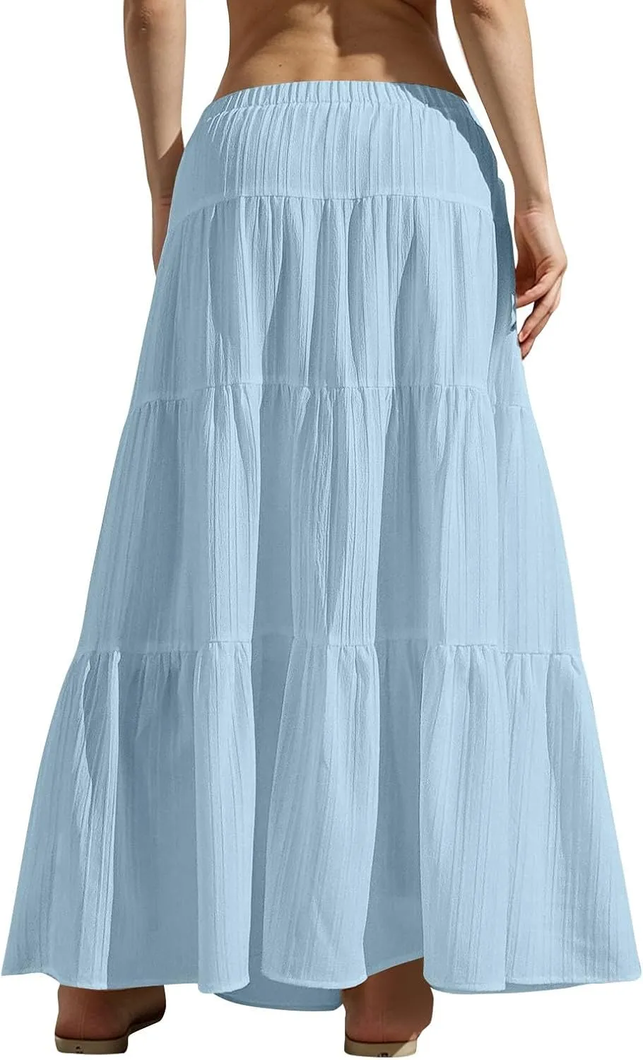 Tiered Long Skirts for Women Drawstring High Waisted Pleated Ruffle Maxi Skirt Flowy Swing Vacation Beach Skirt