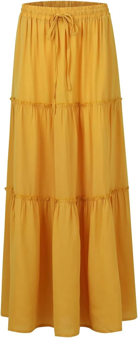 Tiered Maxi Skirts for Women Trendy Casual Elastic High Waisted Flowy Skirt Fall Fashion Ruffle Skirts