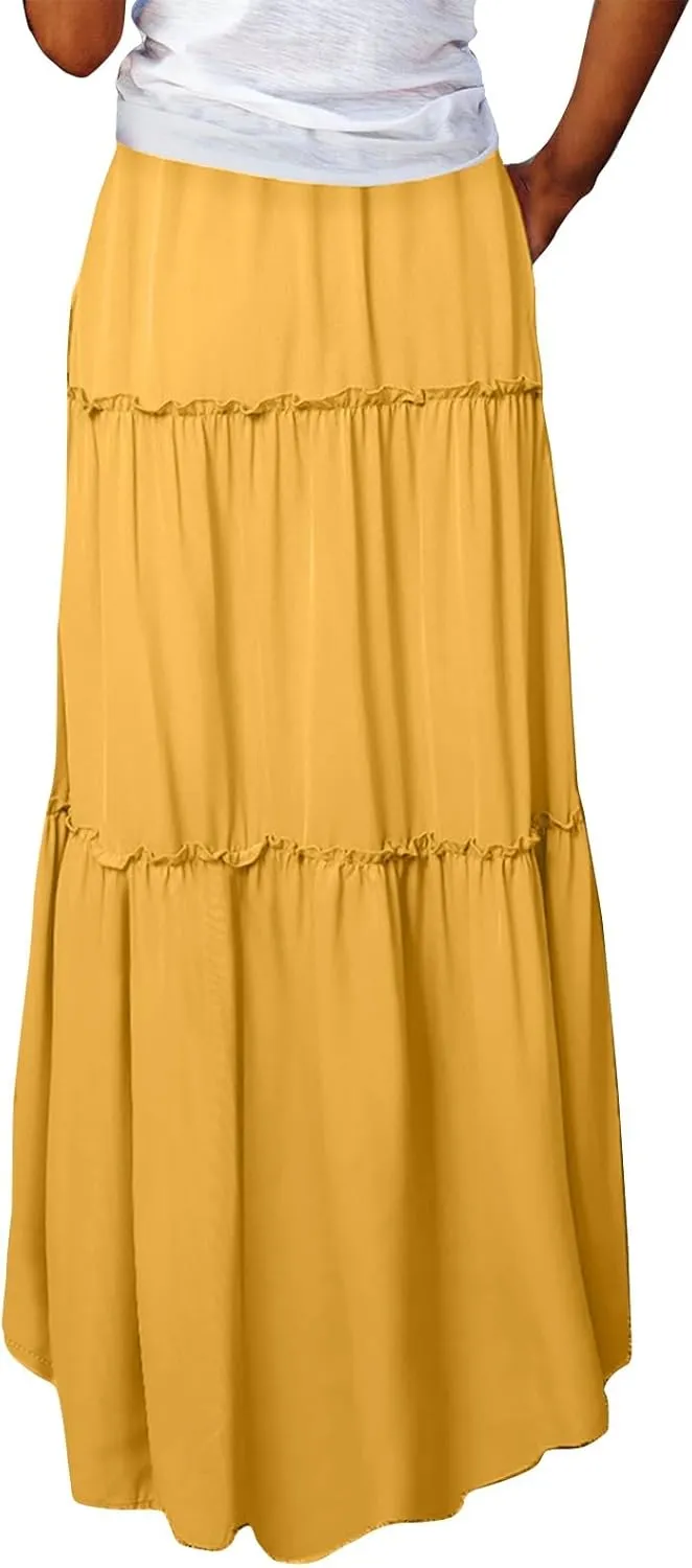 Tiered Maxi Skirts for Women Trendy Casual Elastic High Waisted Flowy Skirt Fall Fashion Ruffle Skirts