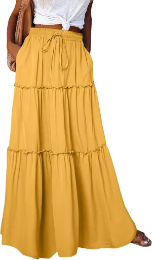 Tiered Maxi Skirts for Women Trendy Casual Elastic High Waisted Flowy Skirt Fall Fashion Ruffle Skirts
