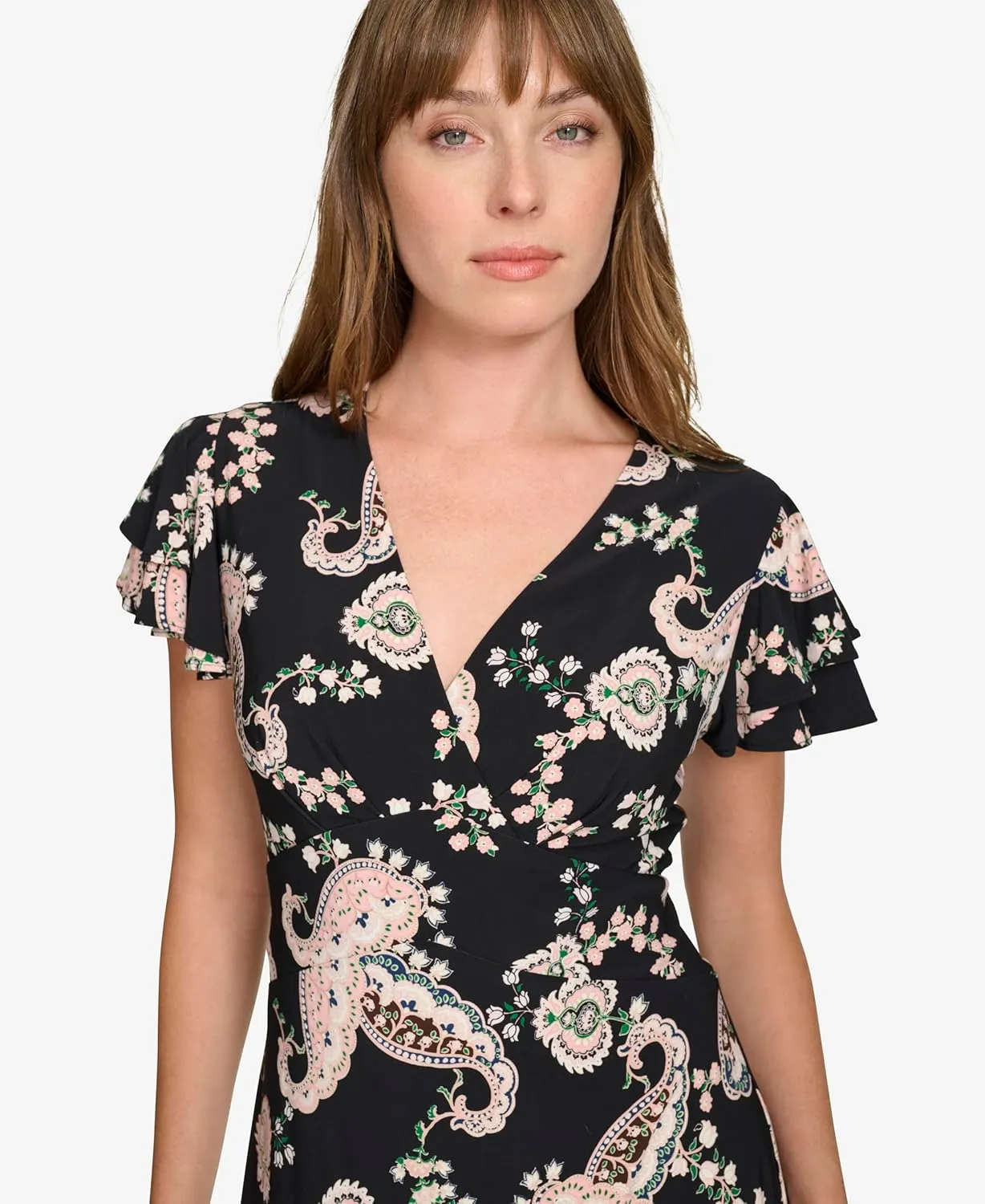 Tommy Hilfiger Women's Flutter Sleeve V-Neck Ruffle Trim Chiffon Mini Dress