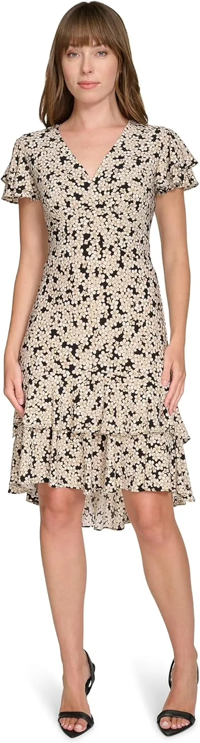 Tommy Hilfiger Women's Flutter Sleeve V-Neck Ruffle Trim Chiffon Mini Dress