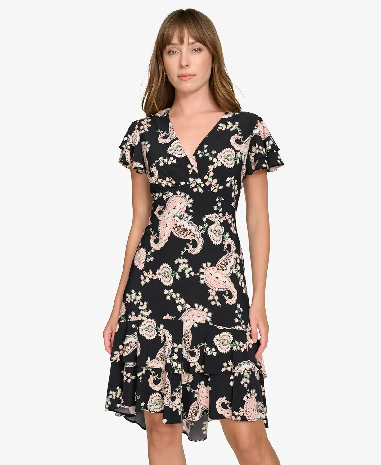 Tommy Hilfiger Women's Flutter Sleeve V-Neck Ruffle Trim Chiffon Mini Dress