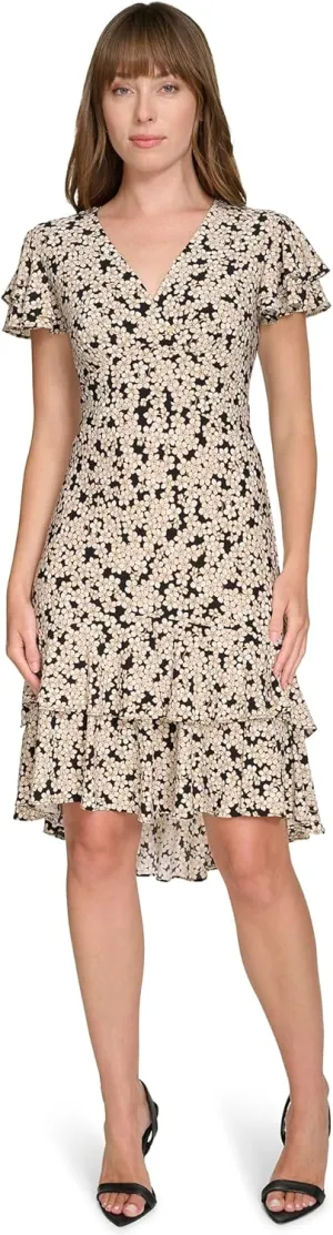 Tommy Hilfiger Women's Flutter Sleeve V-Neck Ruffle Trim Chiffon Mini Dress