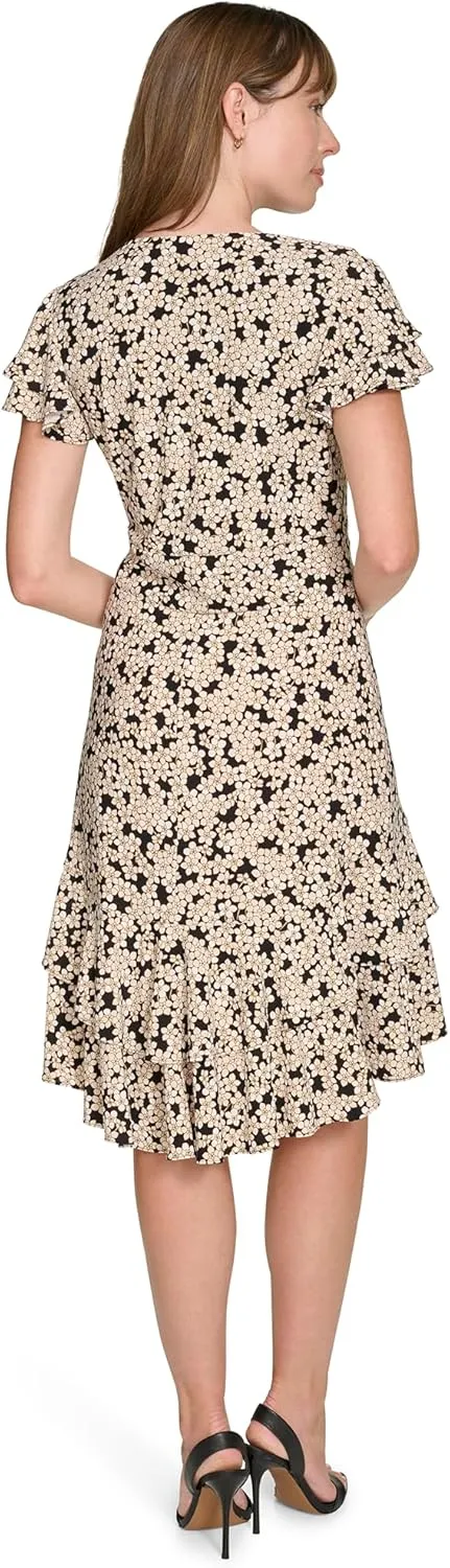 Tommy Hilfiger Women's Flutter Sleeve V-Neck Ruffle Trim Chiffon Mini Dress