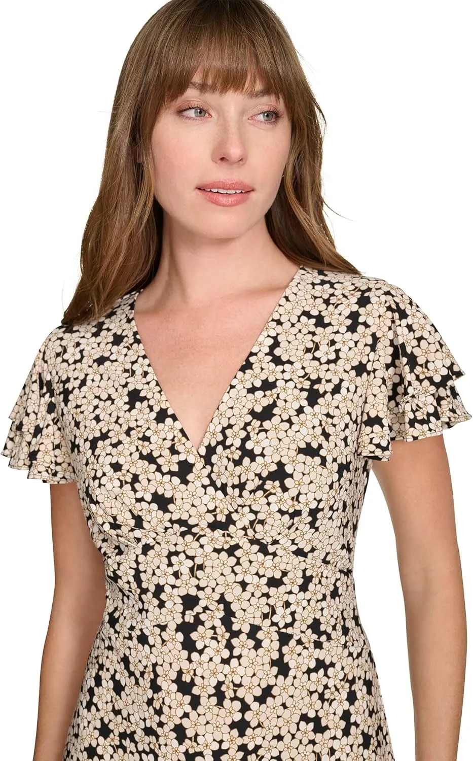 Tommy Hilfiger Women's Flutter Sleeve V-Neck Ruffle Trim Chiffon Mini Dress