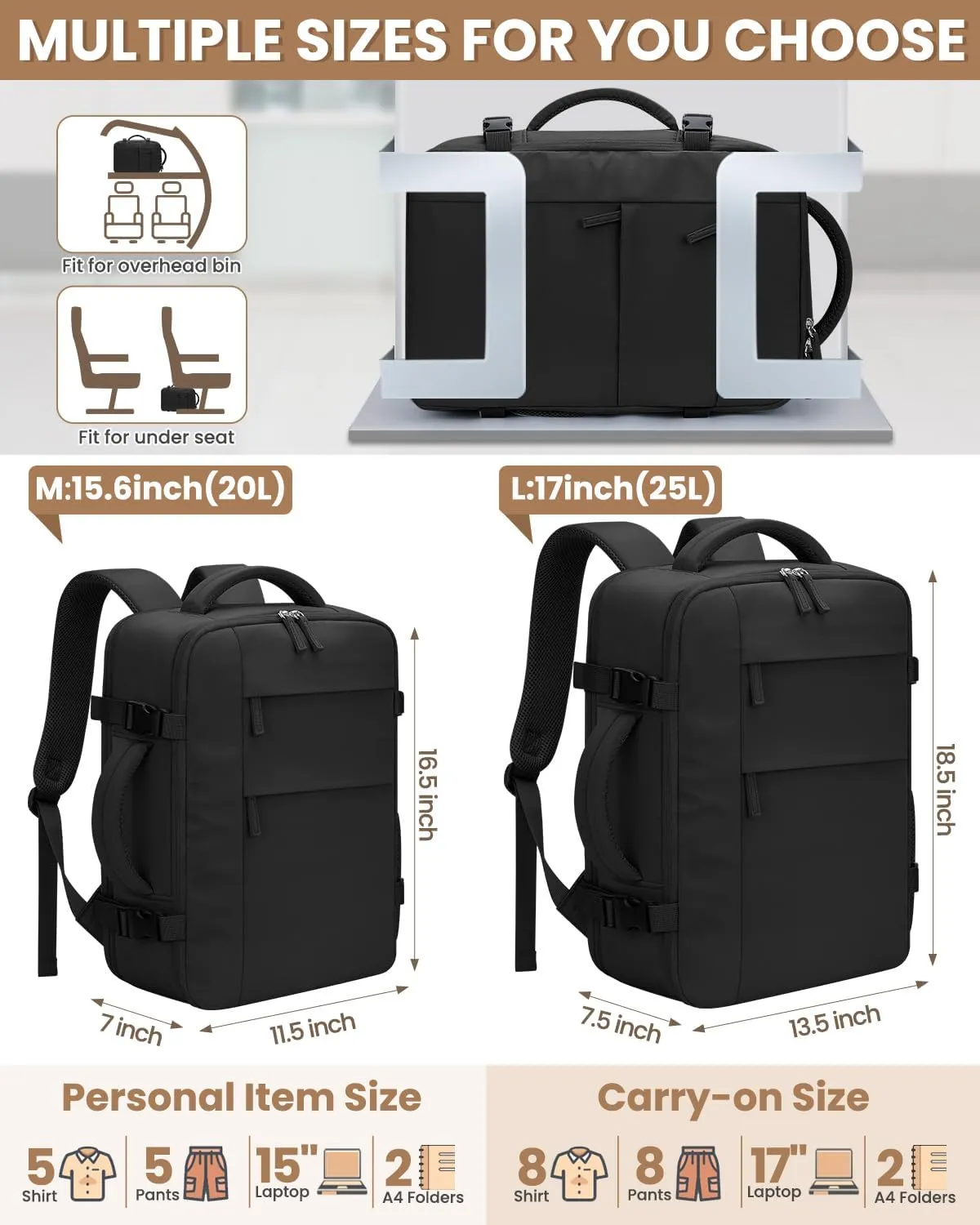 Travel Backpack for Women Man, Waterproof Travel Bag Airline Approved Laptop Backpack Carry on Weekender Overnight Bag Bookbag for Business,Travel, Work Fits 17.3 inch Laptop(Large,Black)