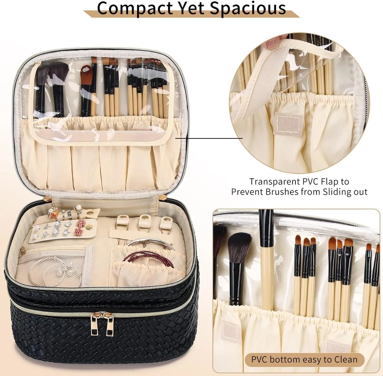 Travel Makeup Bag for Women Double Layer Cosmetic Bag with Jewelry Organizer Large Waterproof Toiletry Bag for Traveling Portable Makeup Storage Box (A/Black)