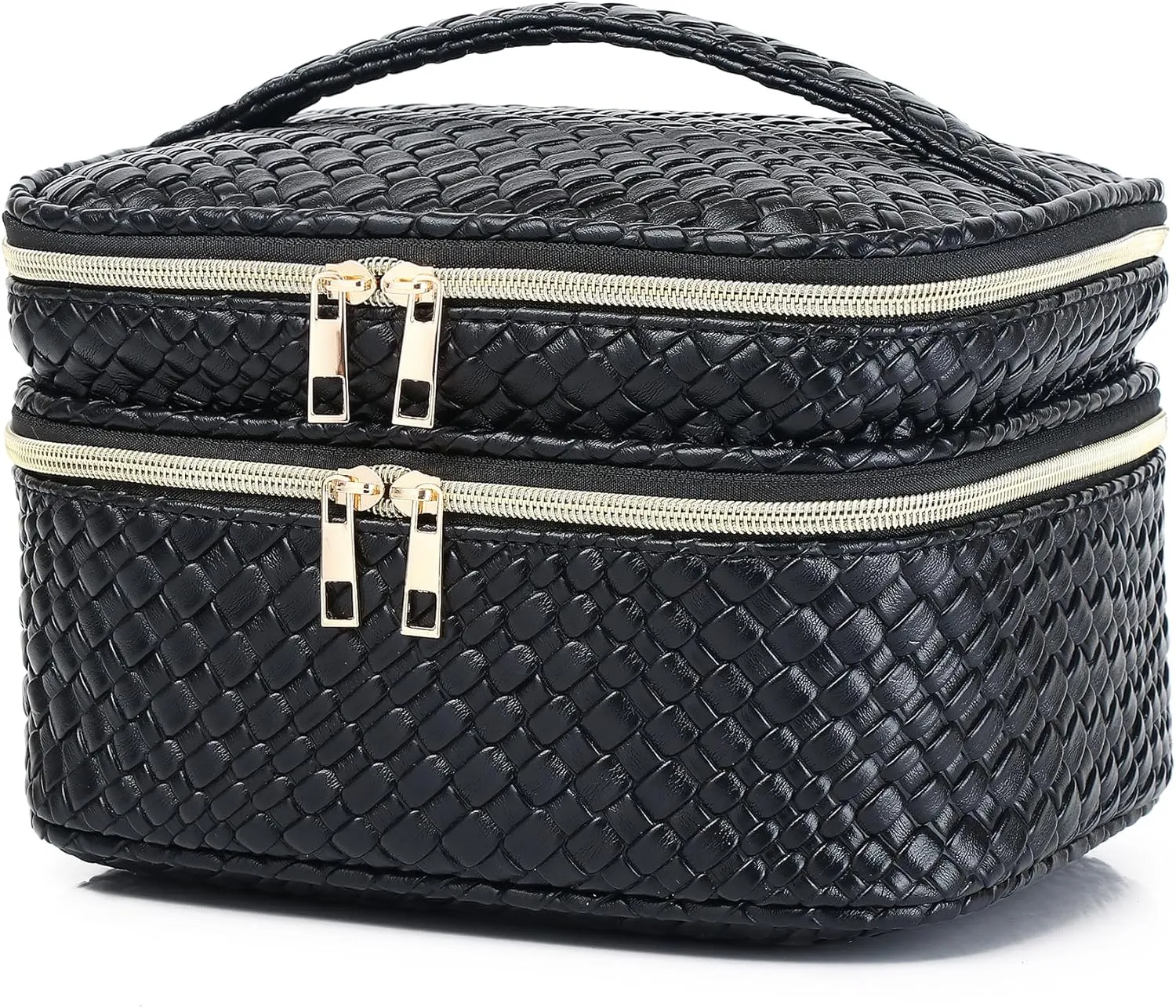 Travel Makeup Bag for Women Double Layer Cosmetic Bag with Jewelry Organizer Large Waterproof Toiletry Bag for Traveling Portable Makeup Storage Box (A/Black)