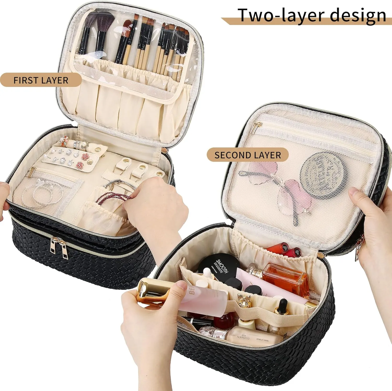 Travel Makeup Bag for Women Double Layer Cosmetic Bag with Jewelry Organizer Large Waterproof Toiletry Bag for Traveling Portable Makeup Storage Box (A/Black)