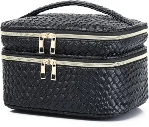 Travel Makeup Bag for Women Double Layer Cosmetic Bag with Jewelry Organizer Large Waterproof Toiletry Bag for Traveling Portable Makeup Storage Box (A/Black)